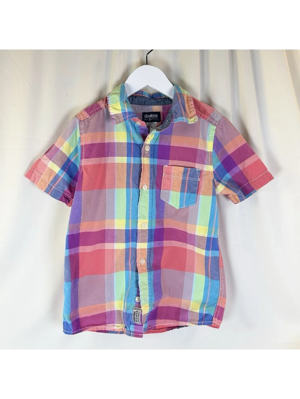 OshKosh B'gosh Boys Plaid Short Sleeve Button-Up Shirt Gemstone Colors Sz 8